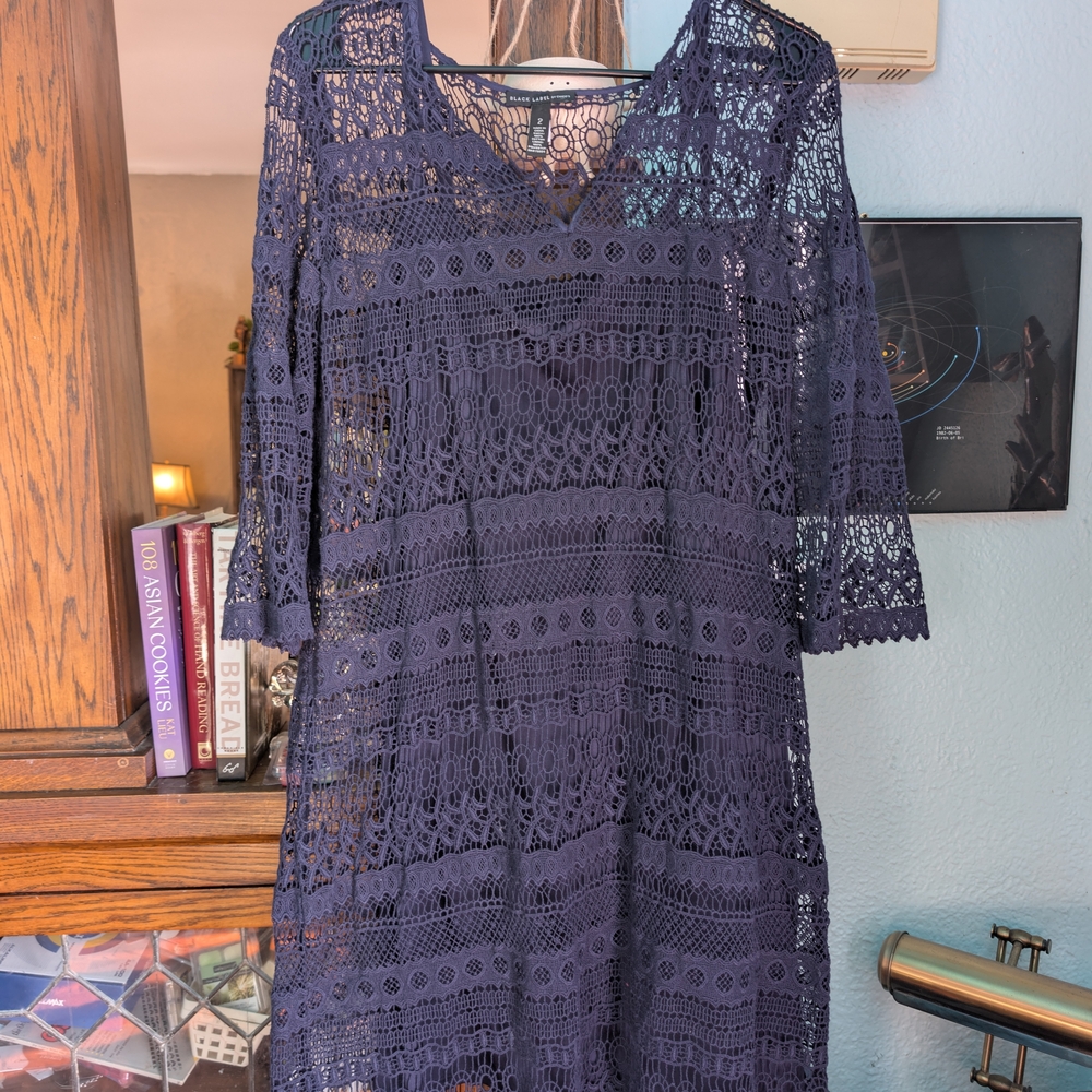 Black Label By Chico's Navy Lace 3/4 Length Sleeve Midi Dress